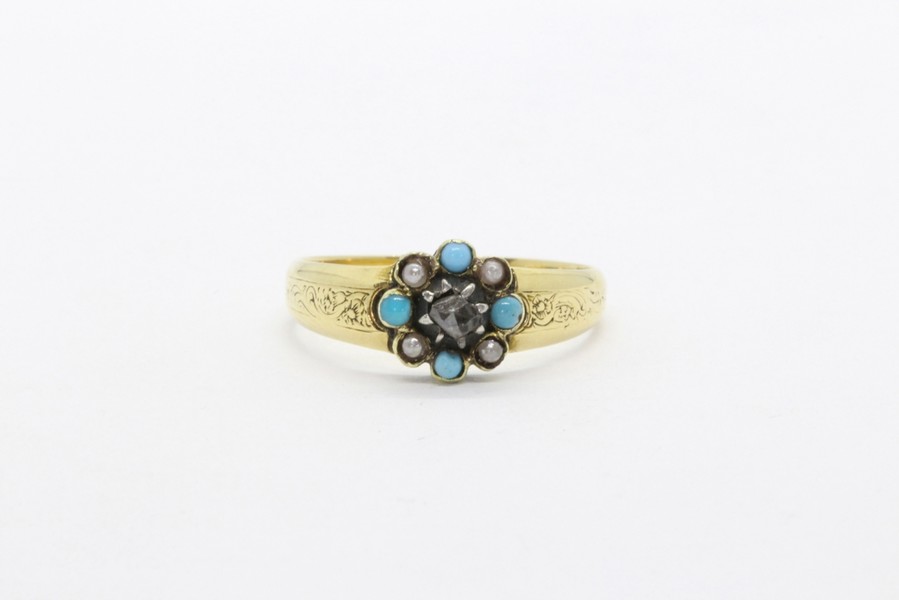 18k gold ring with turquoises and diamond