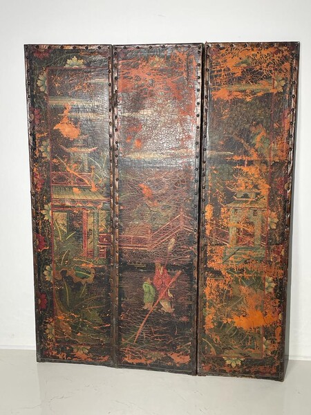 3-leaf screen in Chinese style, painted on leather - early 20th century