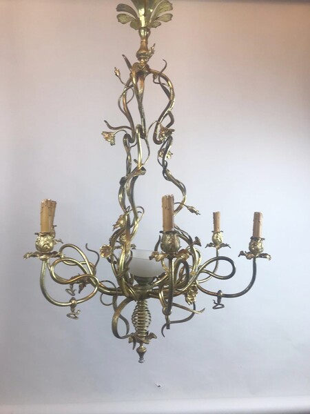 Art Nouveau chandelier in copper and brass