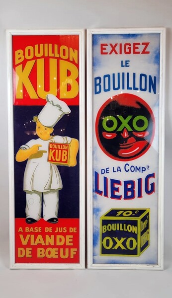 Bouillon cube and oxo advertising panels - painting on glass - price per piece