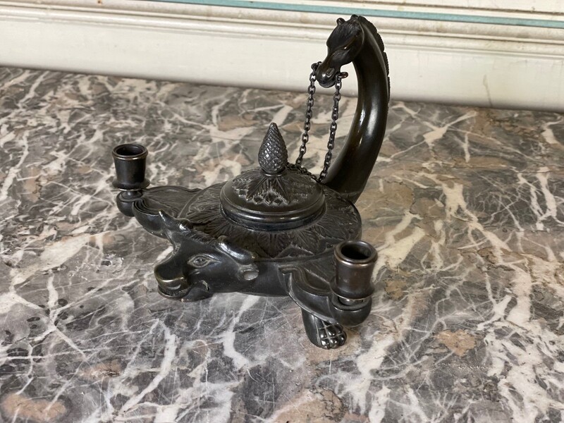 Bronze Inkwell On An Oil Lamp Model In The Taste Of The Antique
