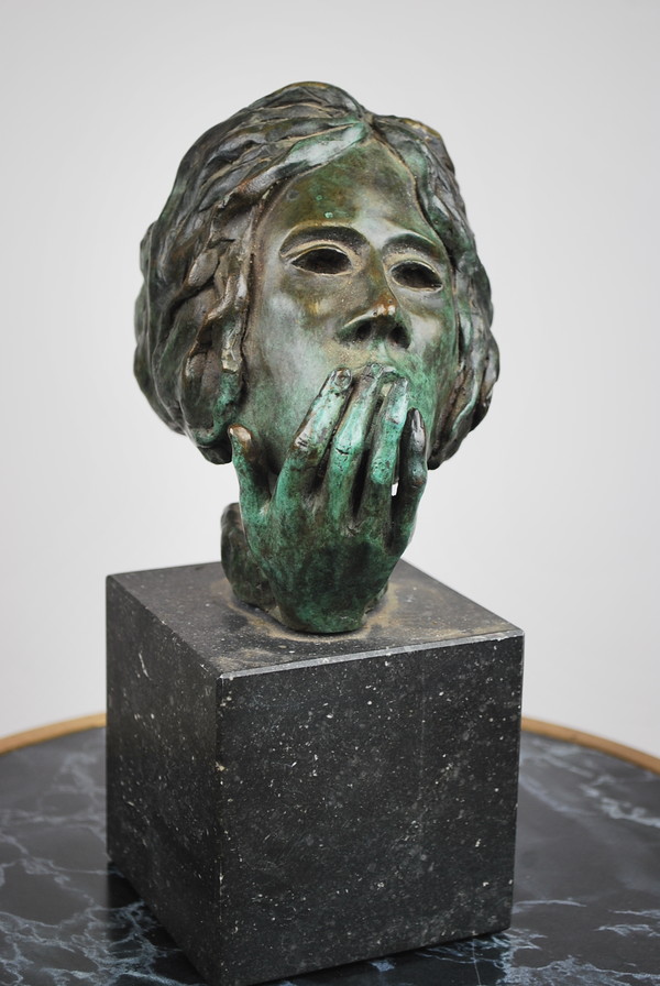 Bronze sculpture with green patina and marble base. Around 1950