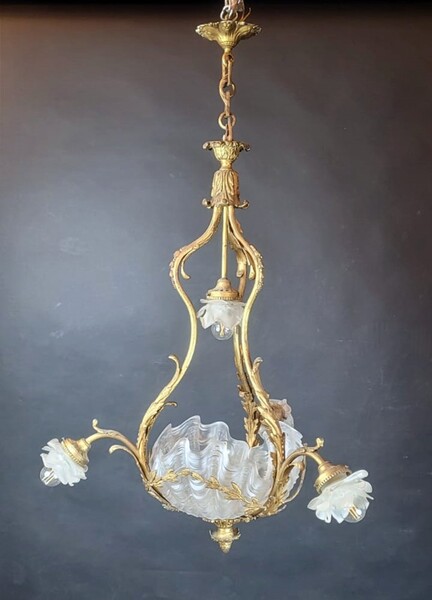 Chandelier in bronze and molded glass - 3 arms of light - 5 lamps