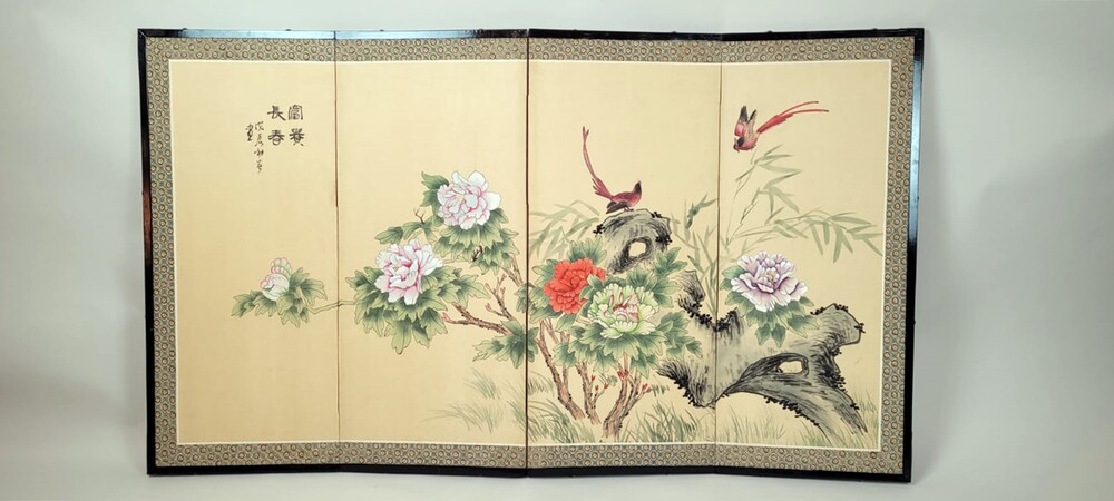 Chinese screen - silk painting - 4 panels