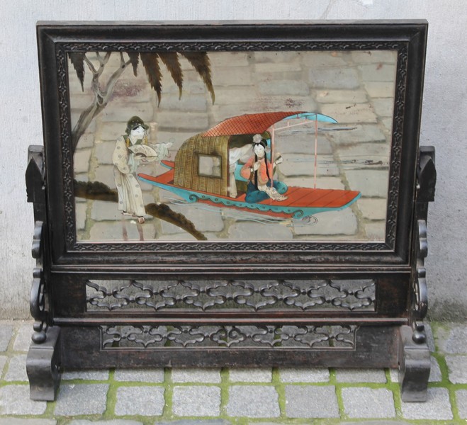 Chinese screen with painted scene on mirror