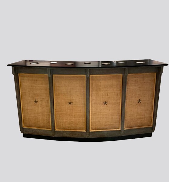 Counter in weathered oak and raffia - shelf with 7 integrated lamps