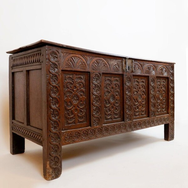 Large English Chest, Carved Oak, 19th.c 