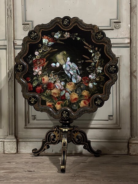 Napoleon III Pedestal Table, Tilting Top In Blackened Wood, Decor Of Flowers And Birds