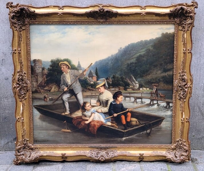Oil on canvas representing a family boat trip - signed J. Verhouven - Ball (1824 - 1882)
