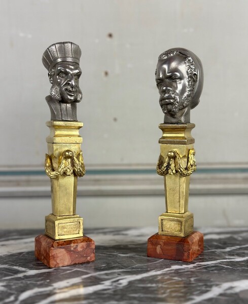 Pair Of Abyssinian Busts In Nickel On columns In Gilt Bronze And Marble, XIXth Century