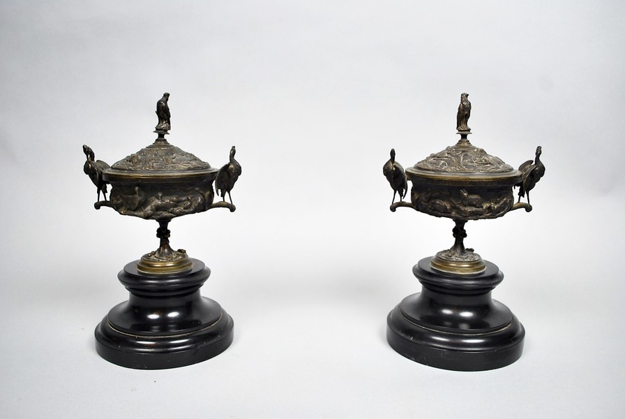Pair of bronze and marble cassolettes
