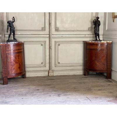 Pair Of Corners, Wood Marquetry And Violet Breccia Marble Tablets