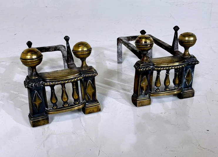 Pair of Louis XVI style wrought iron and brass andirons