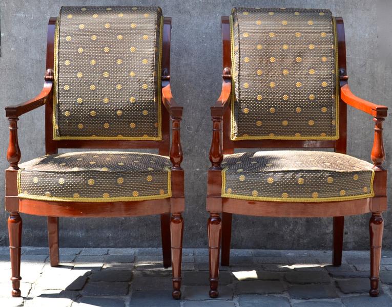 Pair of Mahogany French Directoire Armchairs, Beautiful Upholsery Work and Fabric