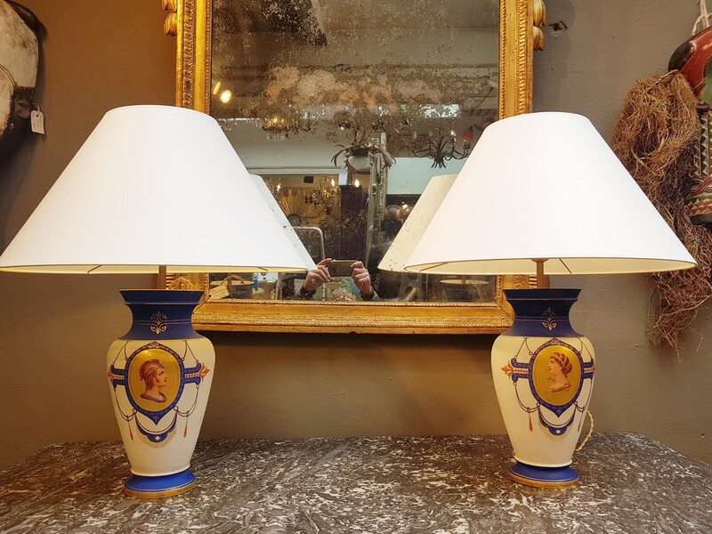 Pair of vases mounted in porcelain lamps with antique decoration, Napoleon III period