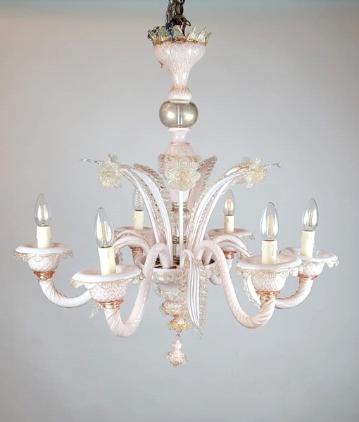 Pink and gold murano glass chandelier - 6 arms of light