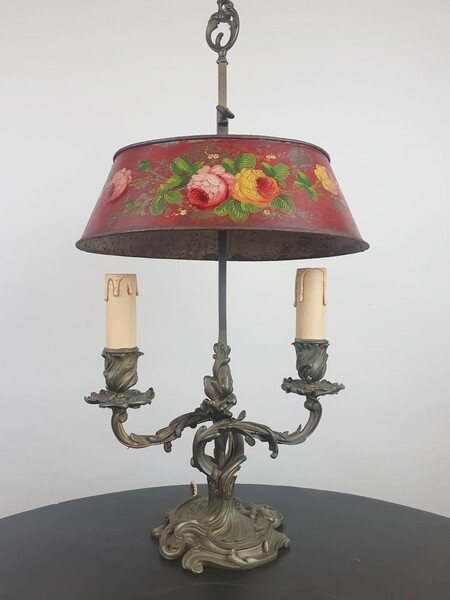 Small hot water bottle lamp in bronze, brass and painted sheet metal, late 19th century