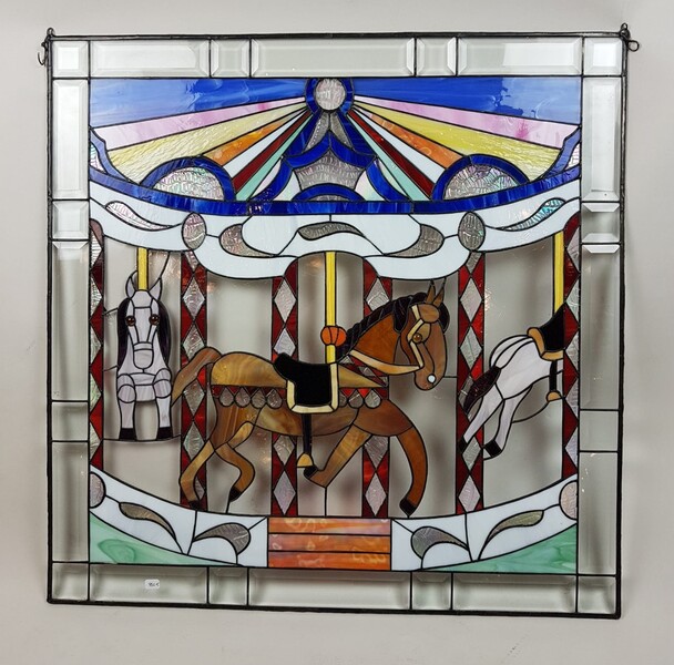 Stained glass window with carousel decor - masterpiece with beveled glasses