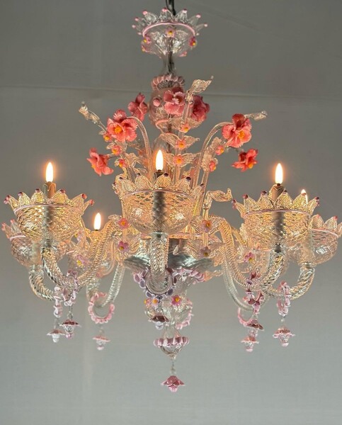 Venetian Chandelier In Pink And Colorless Murano Glass, 8 Arms Of Light