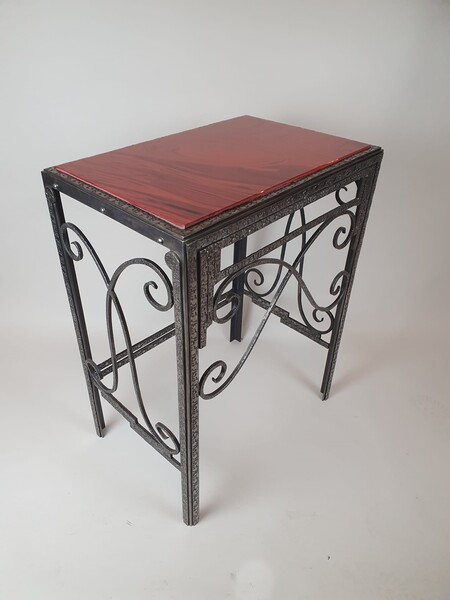 Wrought iron and colored glass side table - art deco