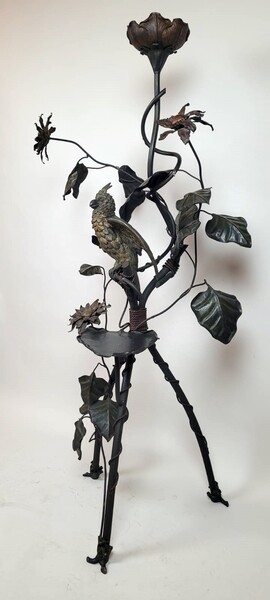 Wrought iron floor lamp - decorations with leaves, flowers, and parrot
