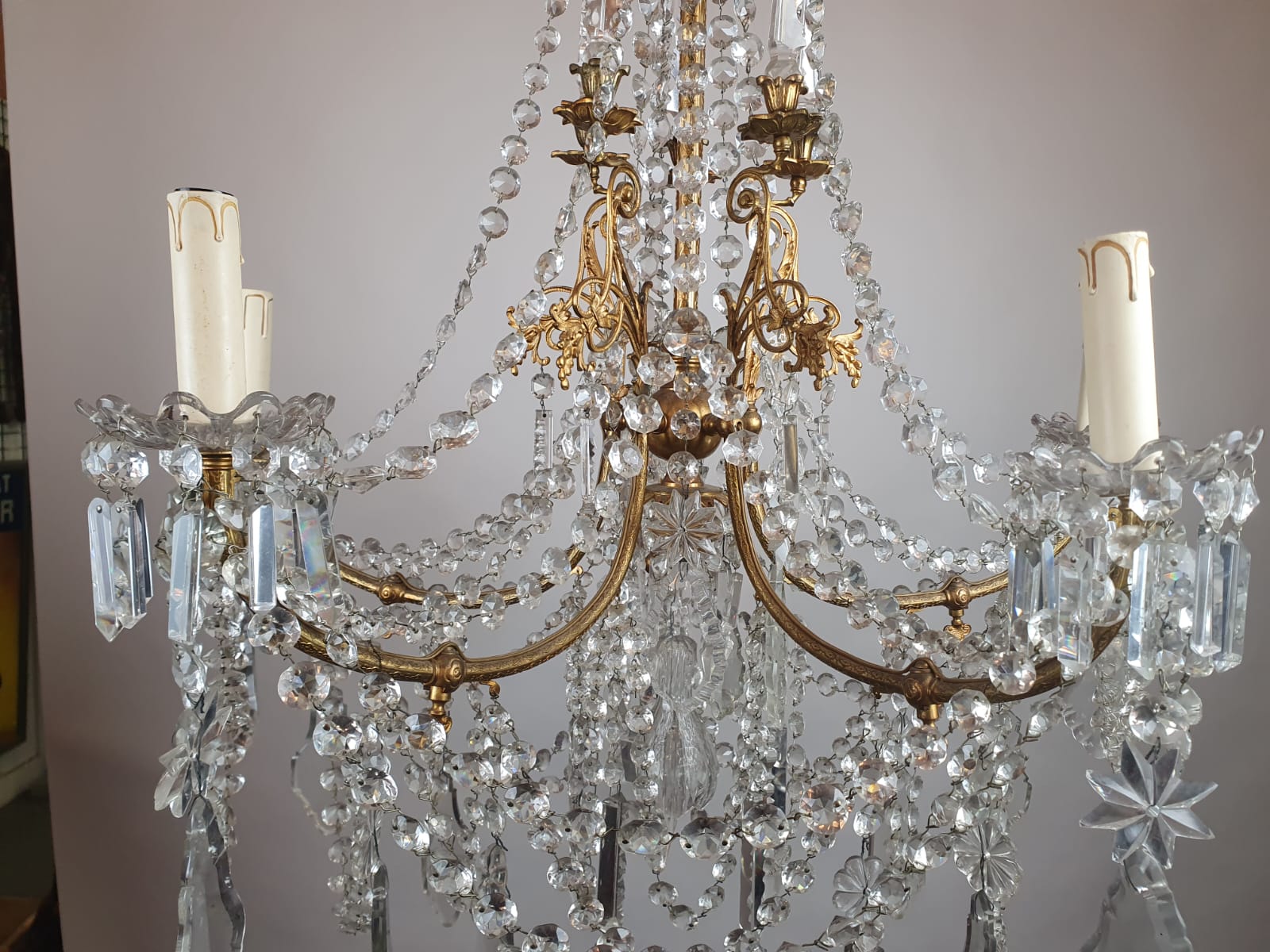 1900 chandelier with glass pendants