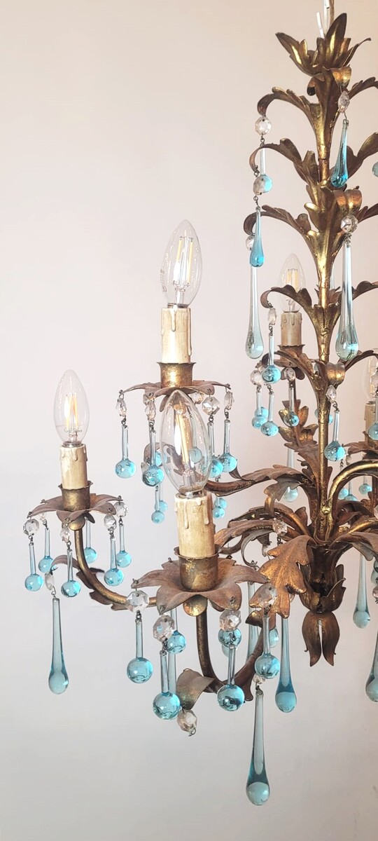 2-tier chandelier with 9 lights - gold metal and 2 types of turquoise drops