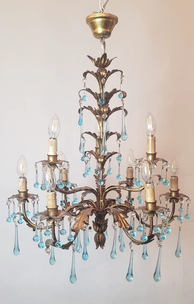 2-tier chandelier with 9 lights - gold metal and 2 types of turquoise drops