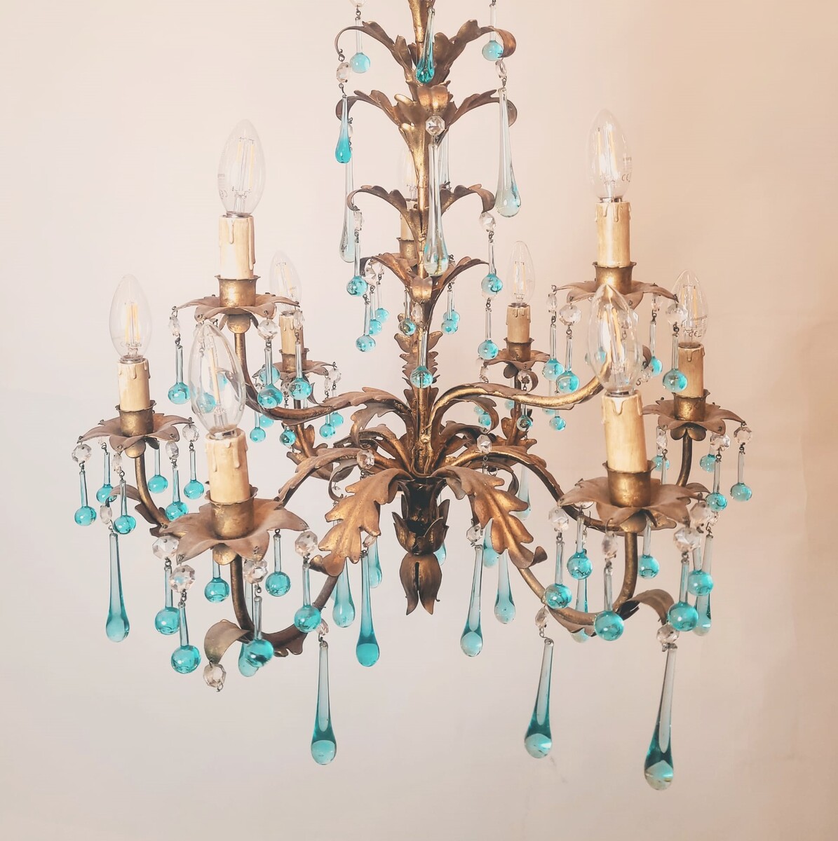 2-tier chandelier with 9 lights - gold metal and 2 types of turquoise drops