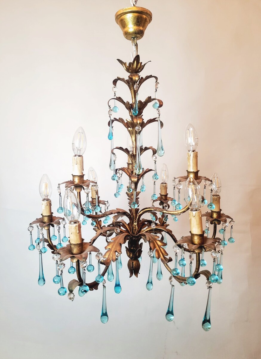 2-tier chandelier with 9 lights - gold metal and 2 types of turquoise drops