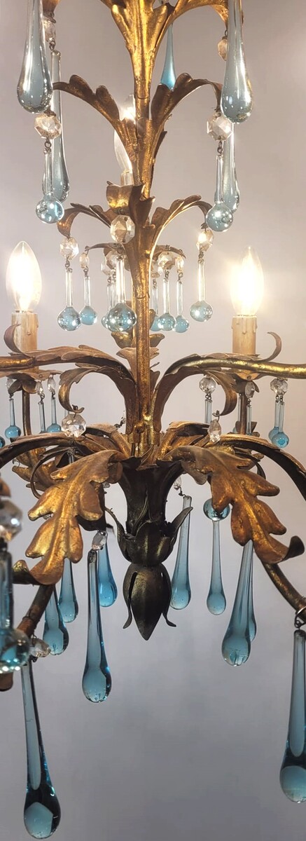 2-tier chandelier with 9 lights - gold metal and 2 types of turquoise drops