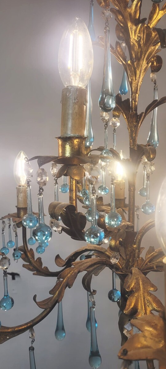 2-tier chandelier with 9 lights - gold metal and 2 types of turquoise drops