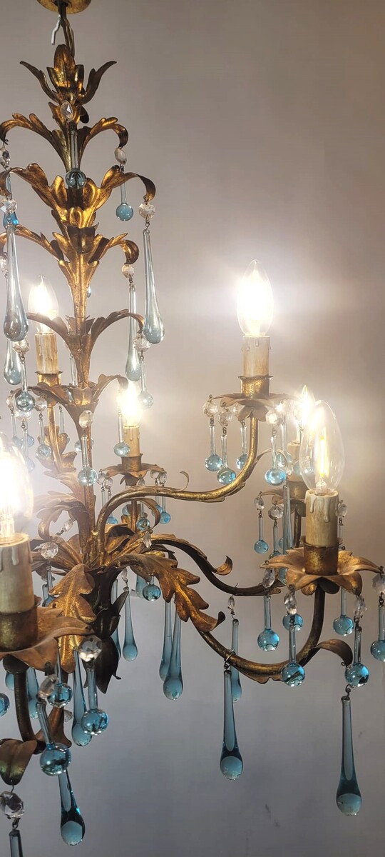 2-tier chandelier with 9 lights - gold metal and 2 types of turquoise drops