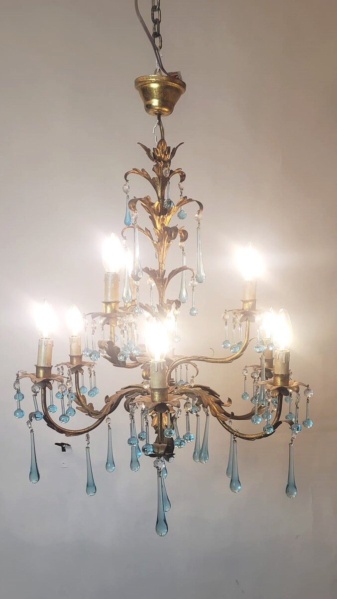 2-tier chandelier with 9 lights - gold metal and 2 types of turquoise drops