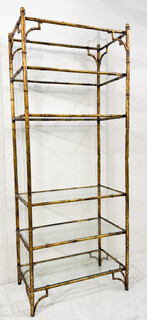 6-tier shelf in steel and gold metal imitation bamboo, glass shelves, style of Maison Baguès, mid-modern-century, France