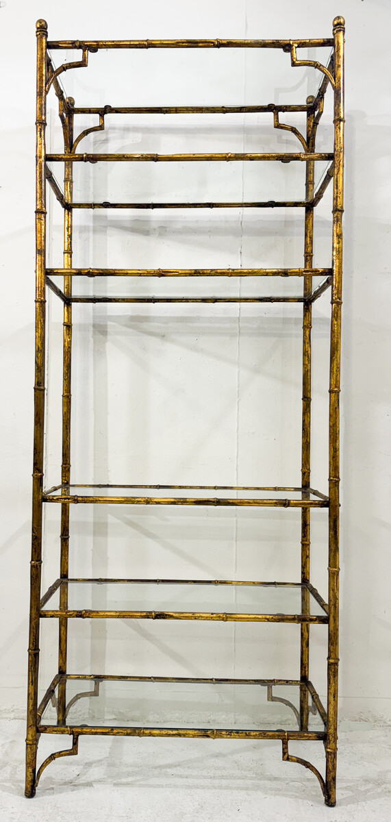 6-tier shelf in steel and gold metal imitation bamboo, glass shelves, style of Maison Baguès, mid-modern-century, France