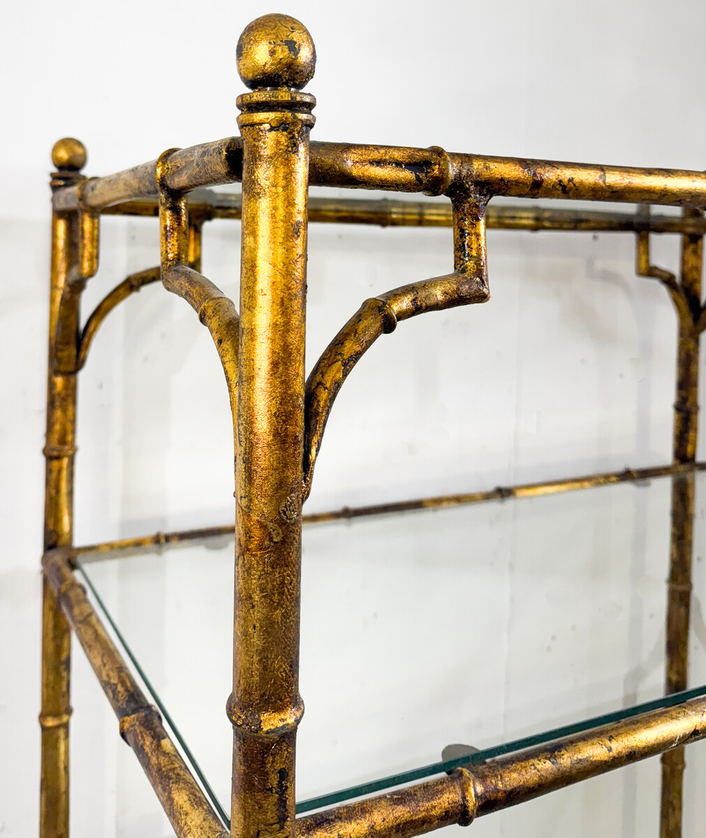 6-tier shelf in steel and gold metal imitation bamboo, glass shelves, style of Maison Baguès, mid-modern-century, France