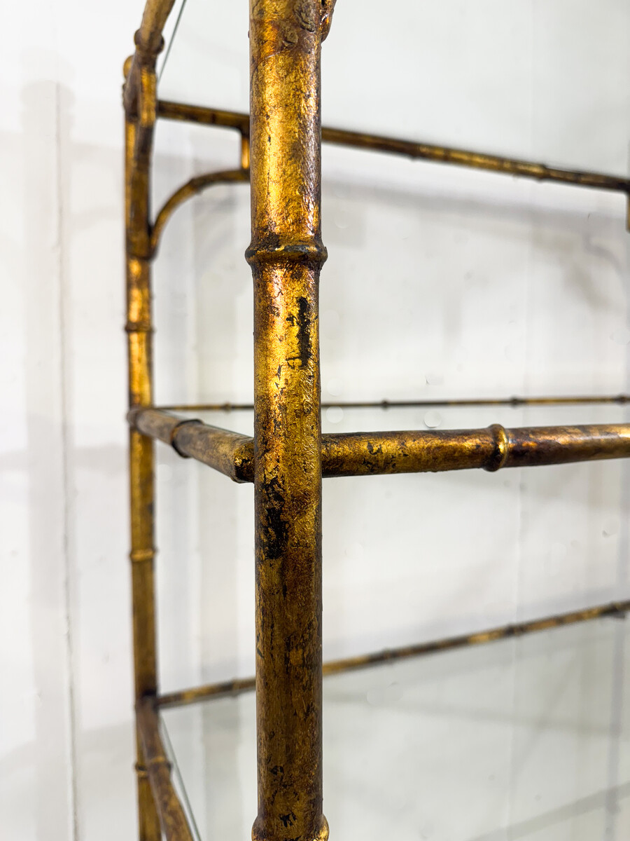 6-tier shelf in steel and gold metal imitation bamboo, glass shelves, style of Maison Baguès, mid-modern-century, France