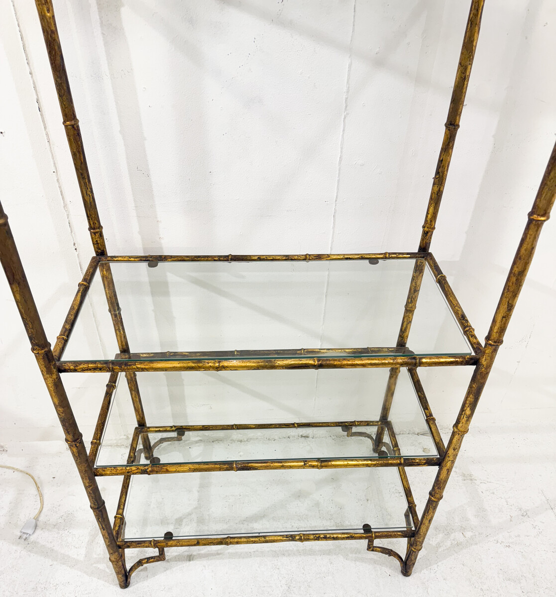 6-tier shelf in steel and gold metal imitation bamboo, glass shelves, style of Maison Baguès, mid-modern-century, France