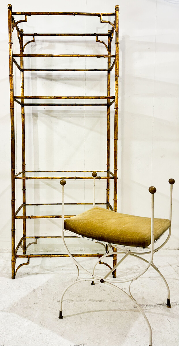 6-tier shelf in steel and gold metal imitation bamboo, glass shelves, style of Maison Baguès, mid-modern-century, France