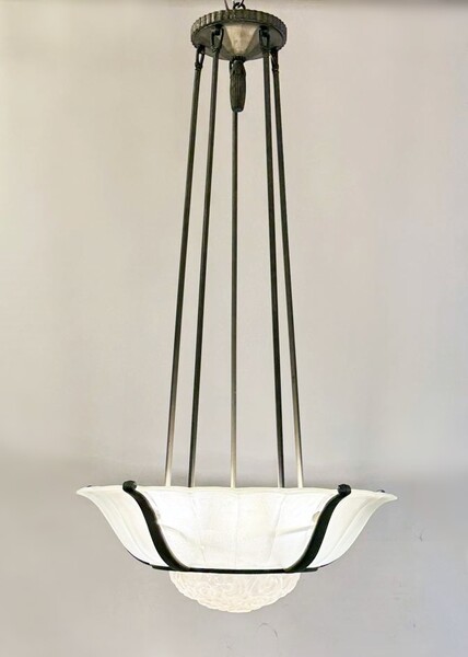 Art Deco Chandelier, Molded Pressed Glass, Bronze Structure, France 