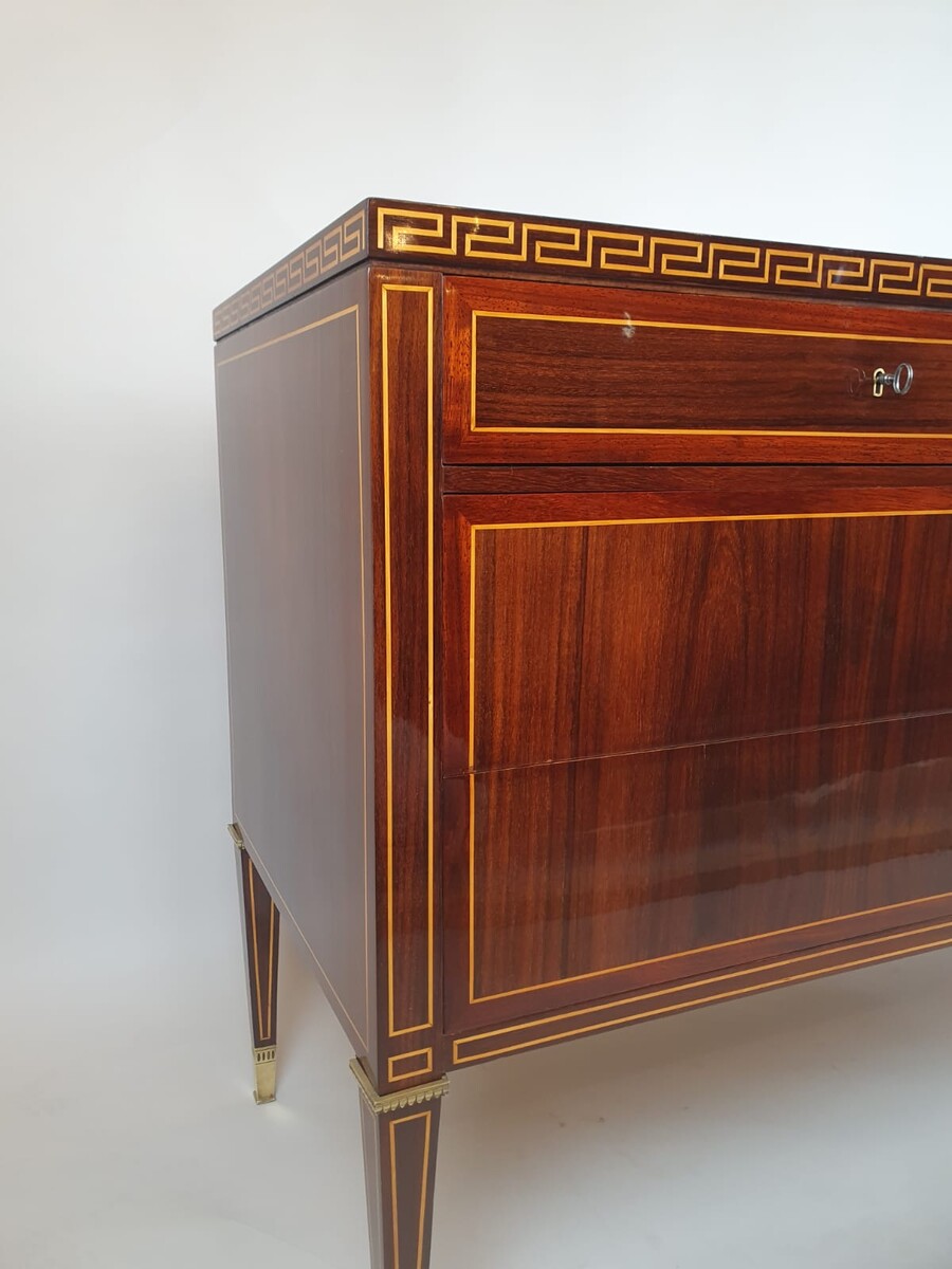 Art Deco chest of drawers in mahogany with marquetry and gilt bronze ornamentation