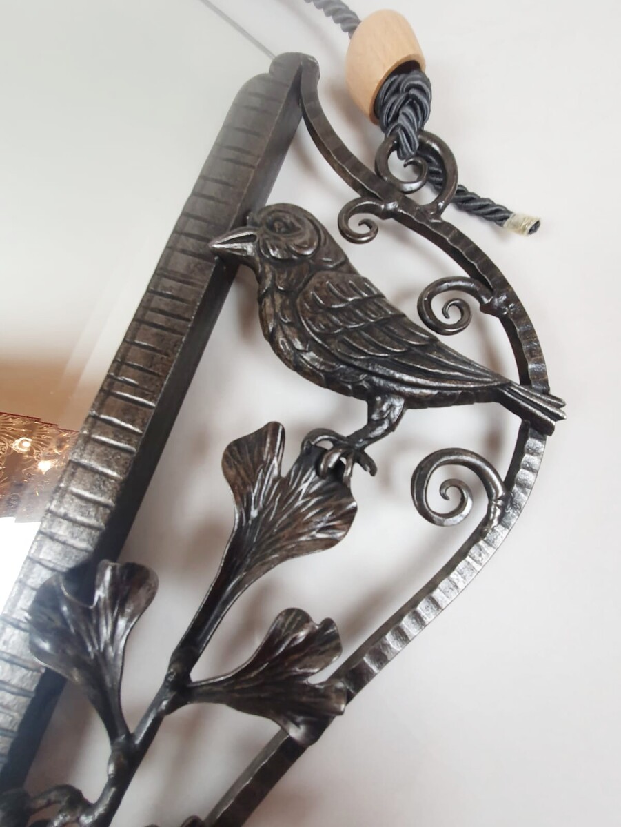 Art Deco wrought iron mirror with bird and flower decoration by Gimkgo, circa 1920