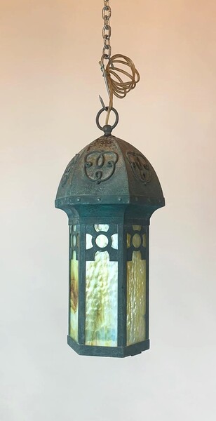 Art Nouveau lantern in metal and opaline