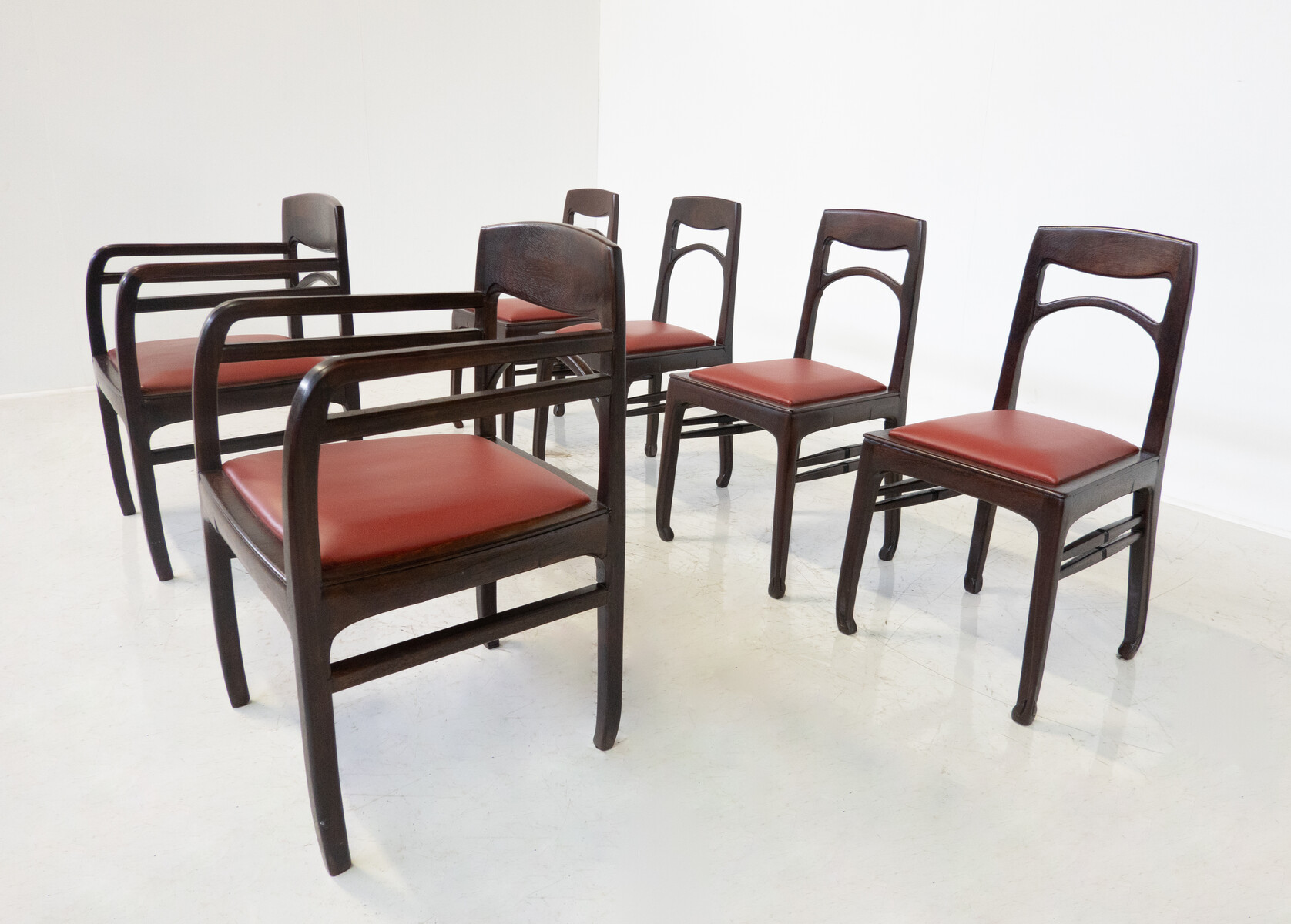 Art Nouveau Set of 6 Wood and Leather Armchairs by Richard Riemerschmid