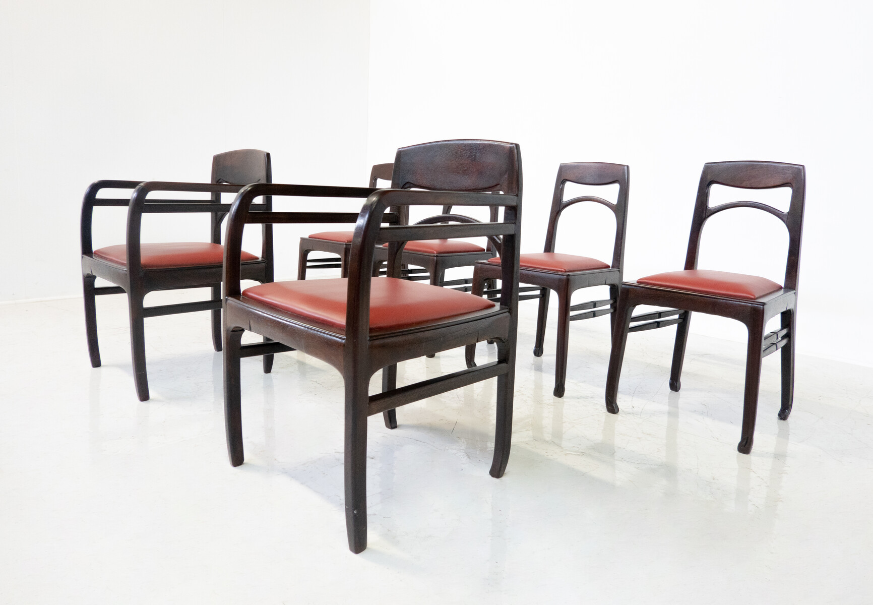 Art Nouveau Set of 6 Wood and Leather Armchairs by Richard Riemerschmid
