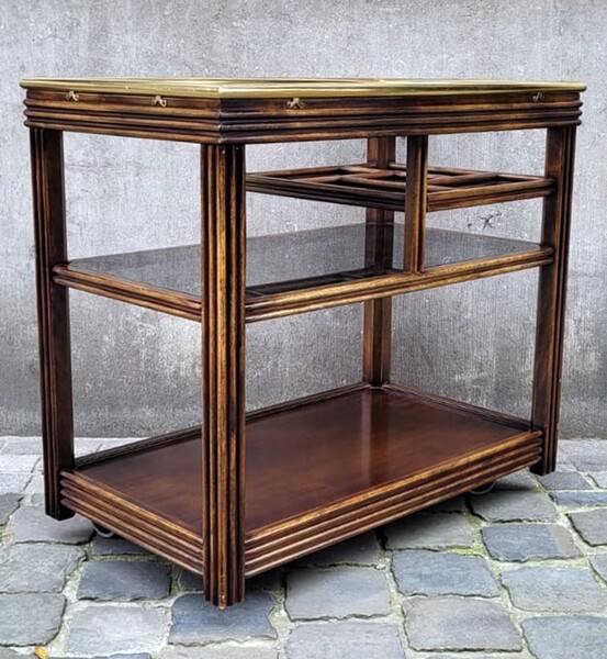 Bar trolley - wood - smoked glass and brass