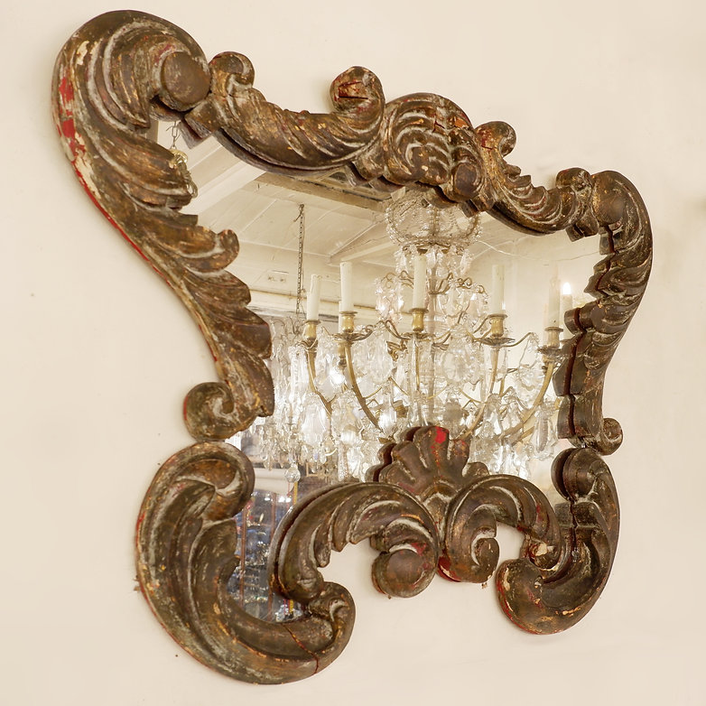 Baroque Mirror, Carved Wood, Patinated. 19th.c