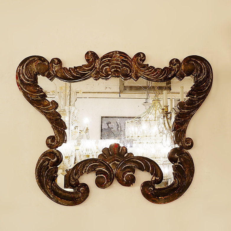 Baroque Mirror, Carved Wood, Patinated. 19th.c