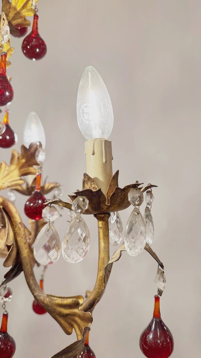 Beautiful 4-light chandelier - gold-plated metal and red glass drop pendants - circa 1950